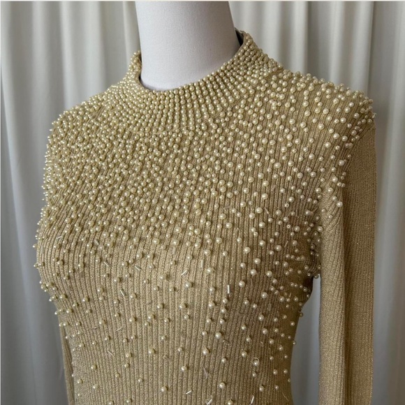 Vintage Silk Belldini Pearl Embellished Metallic Ribbed Mock neck sweater large - Picture 4 of 8